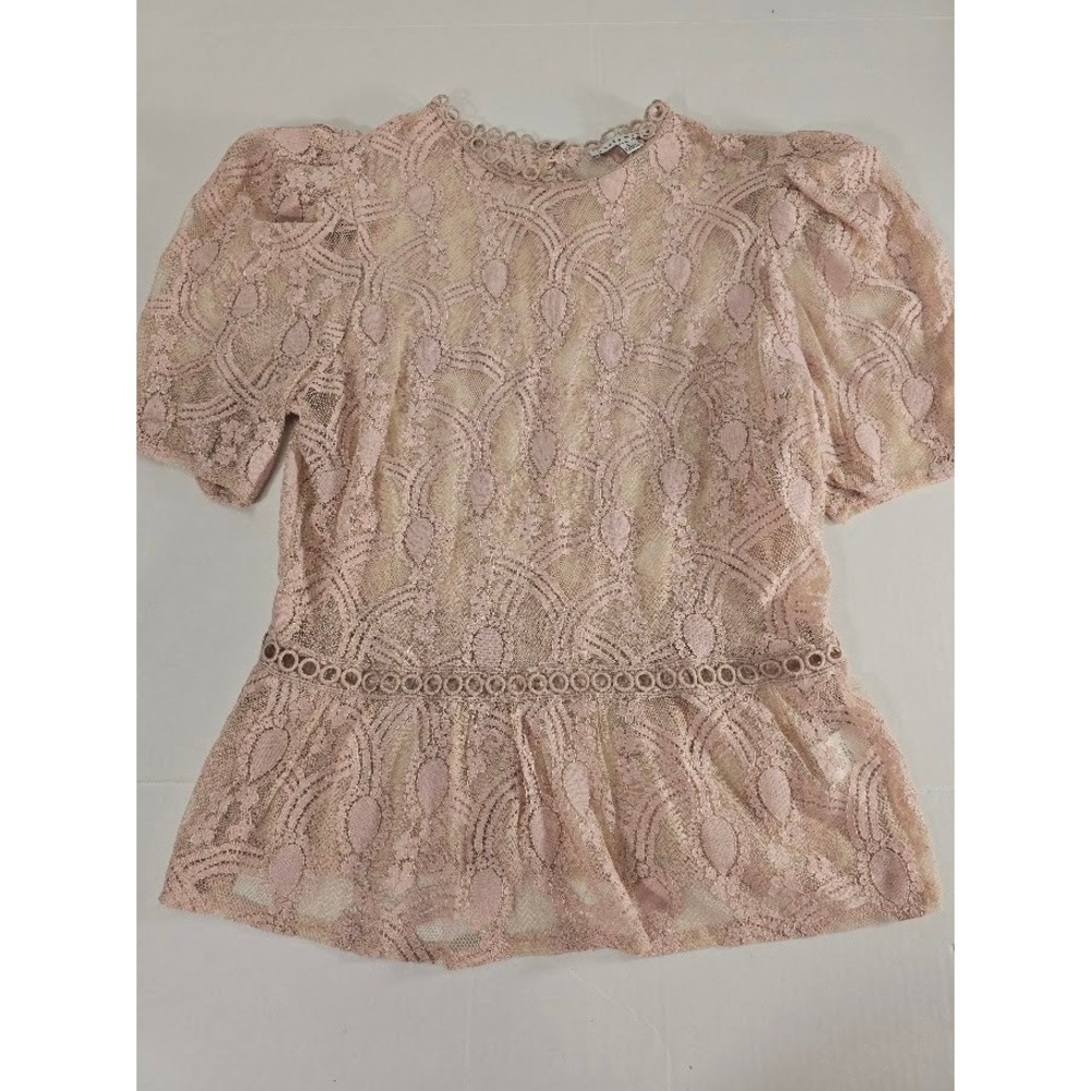 Haute Monde Rose Dainty BOHO Lace Puff Sleeve Peplum Top Mock Neck Size L